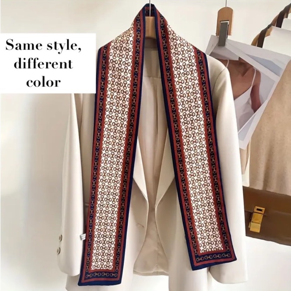 New Long Multipurpose Saddle Print Scarf Silk Like Green Cream Brown Stripe - Picture 9 of 13